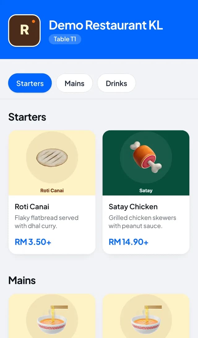 QR table ordering menu on a phone
