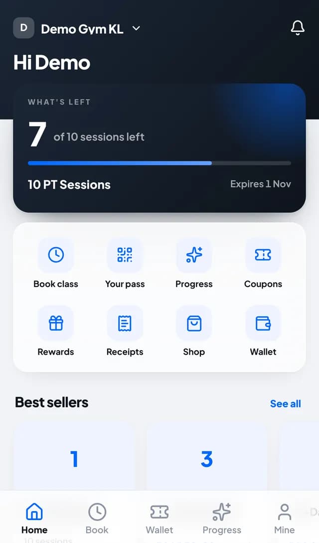 Member app home showing 7 of 10 sessions left