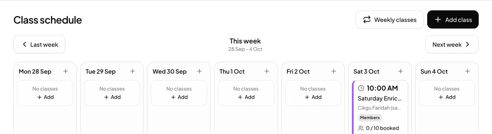 Tuition class timetable for the week