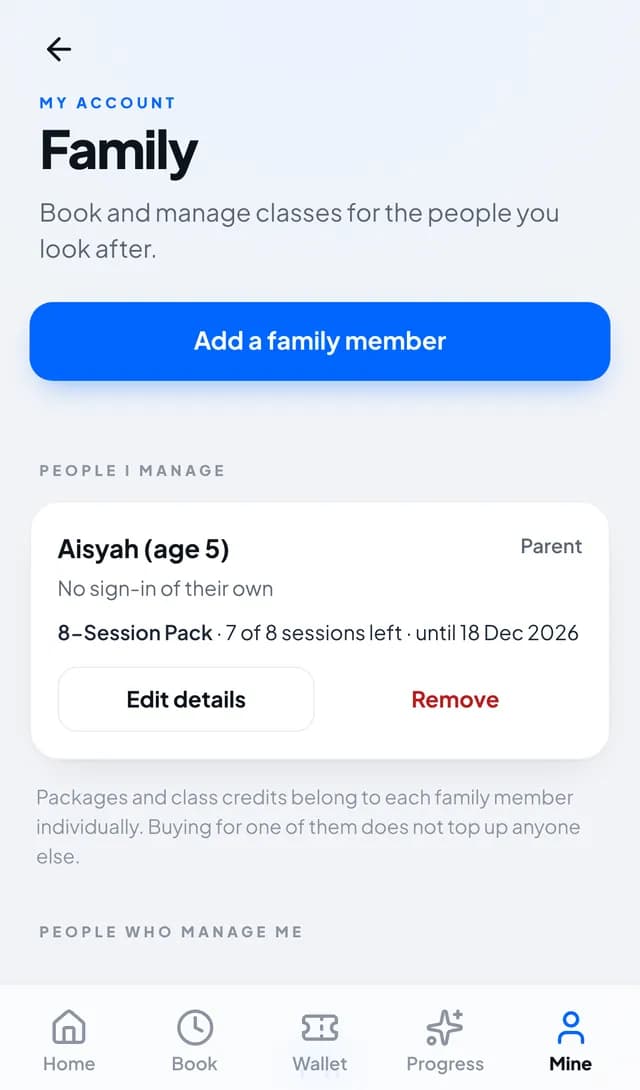 Parent app family screen managing a child’s lesson pack